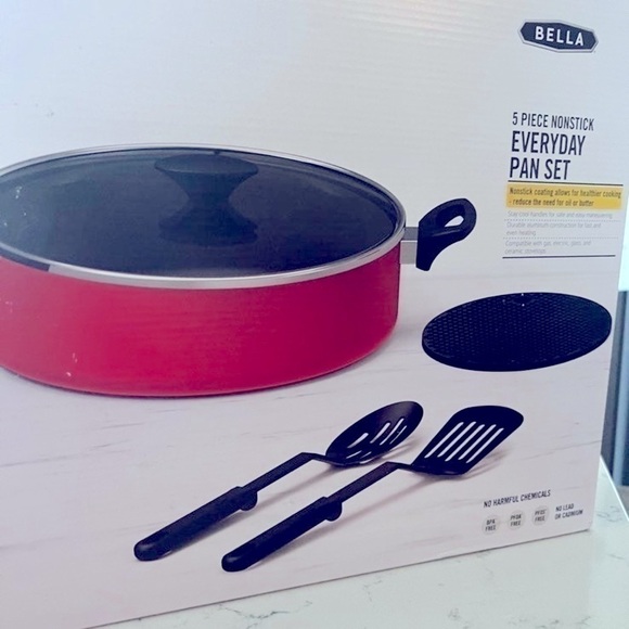 New BELLA 5-Pc. Nonstick Everyday set black and red cookware, frying pan - Picture 4 of 8